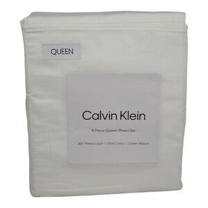 Calvin Klein 4 Piece Queen Sheet Set 100% Cotton Sateen Fits Mattress 18" Deep